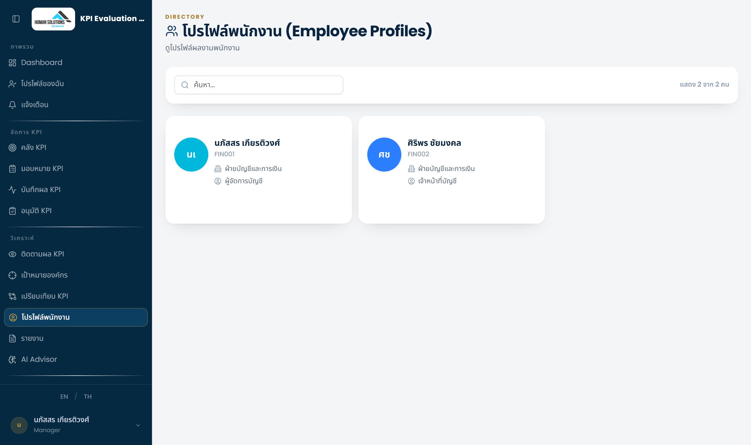 หน้า Employee Profiles ที่ Manager เห็น