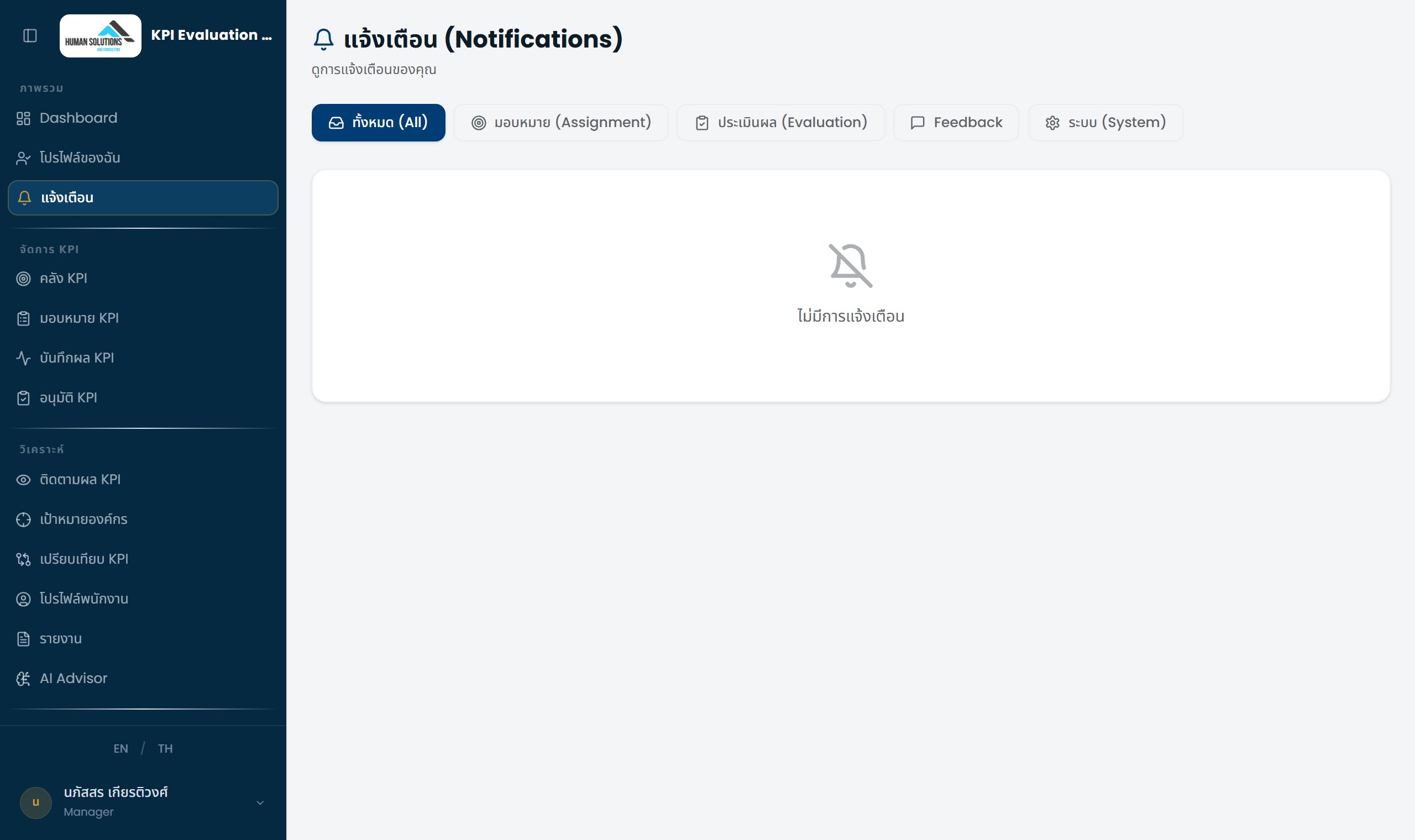 หน้า Notifications ที่ Manager เห็น